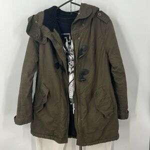 coffee shop faux fur  lined army green grunge, hooded coat L
